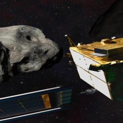 Artist’s impression of NASA’s DART mission, which collided with the asteroid Dimorphos in 2022 to test planetary defense techniques.